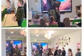 Pirmklasnieki tiek iepazīstināti ar zemessarga profesiju.